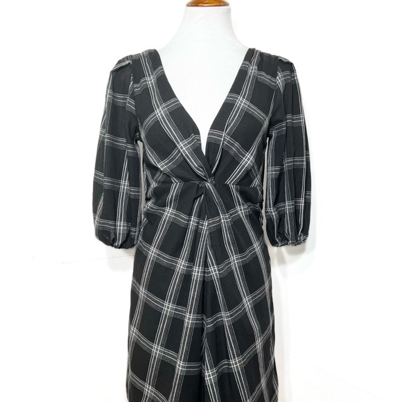 Free People Black Plaid V Neck Balloon Sleeve A Line Pleated Mini Shirtdress - Picture 10 of 14
